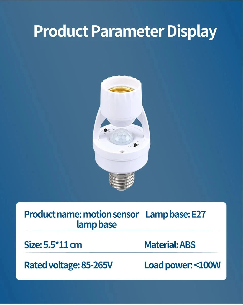 Motion sensor lamp base with specifications on a blue background