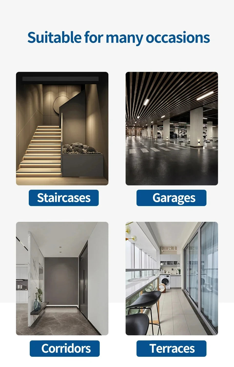 Promotional graphic for interior design products suitable for staircases, garages, corridors, and terraces.