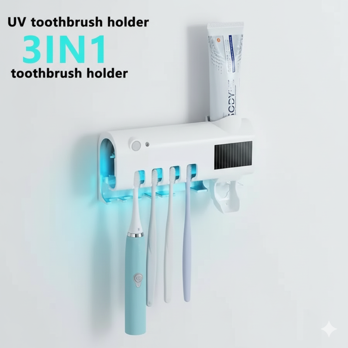 UV toothbrush holder with toothbrushes and toothpaste on a white background
