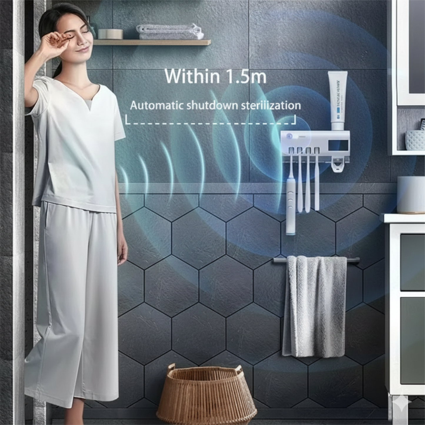 Woman standing in a bathroom with a sterilization system and text indicating automatic shutdown.