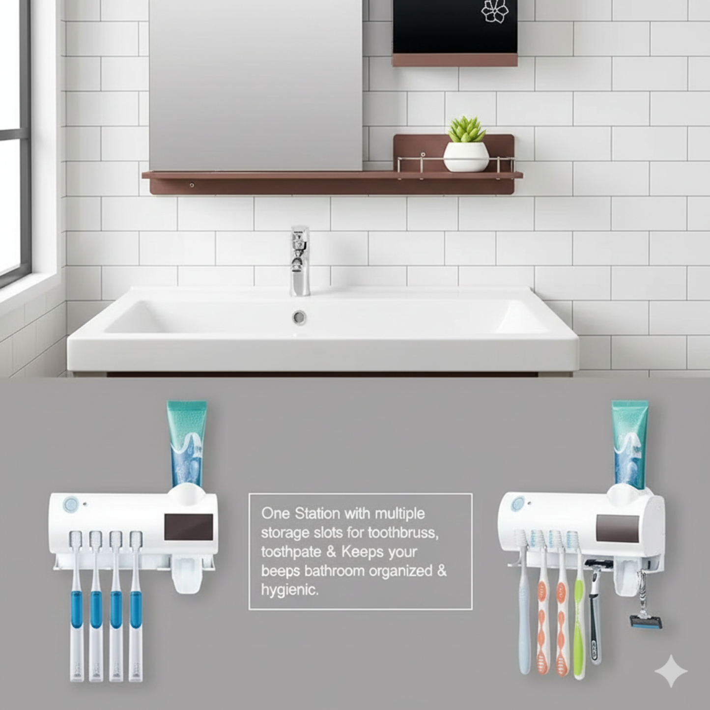 Bathroom setup with toothbrush holder and toothpaste dispensers on a gray wall.