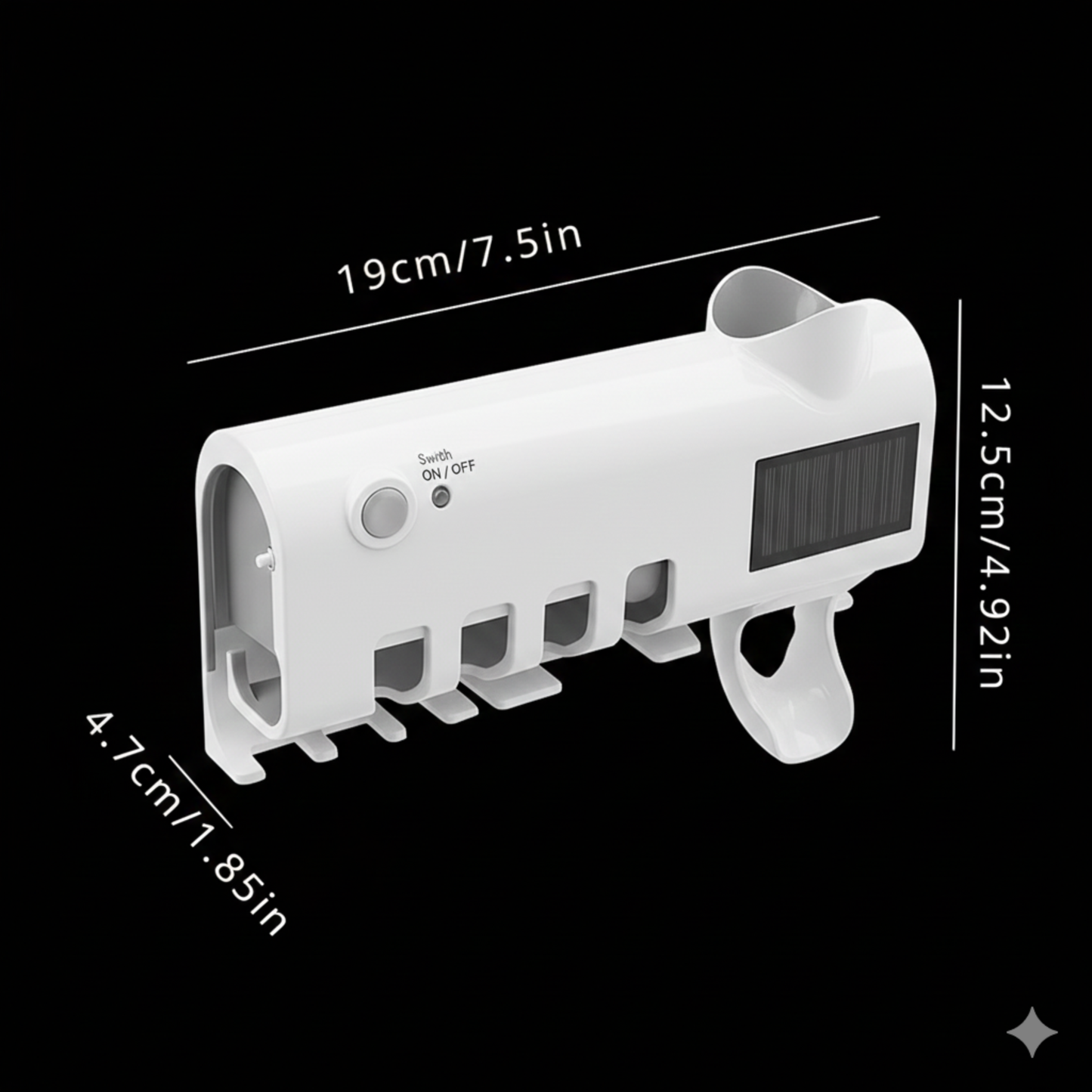 White electronic device with solar panel and measurement details on a black background