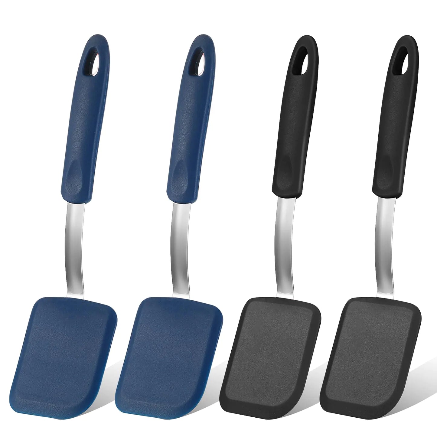 Two sets of spatulas with blue and black handles on a white background