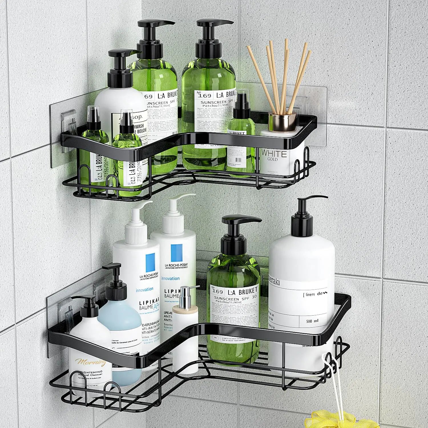KiKiRico Dual Shower Caddies with Adhesive - Rustproof and No Drilling Needed