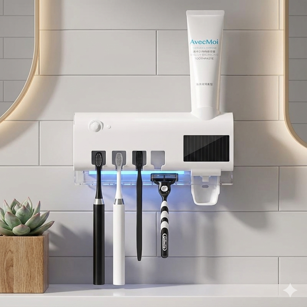 Wall-mounted toothbrush holder with toothbrushes and a razor, featuring a tube of 'AvecMoi' toothpaste.