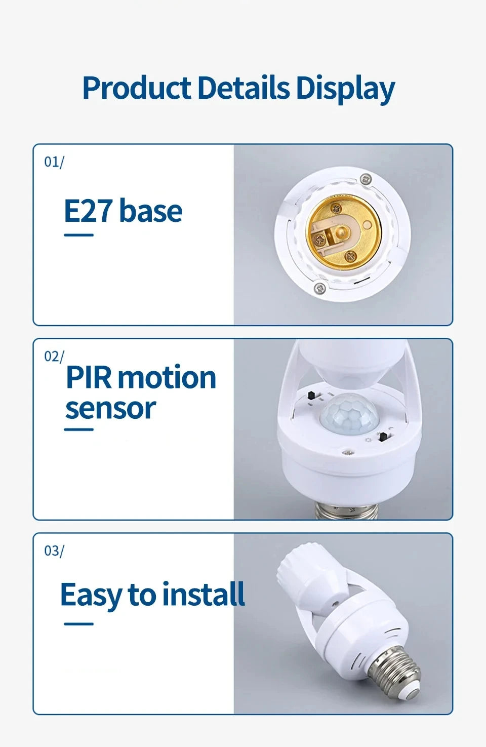 Light bulb with E27 base and PIR motion sensor, labeled as easy to install.