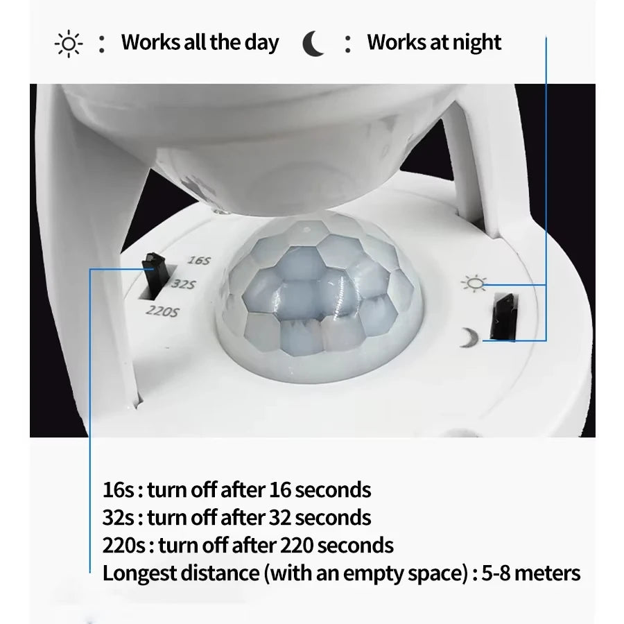 Infrared sensor with settings for day and night operation, and timing options.