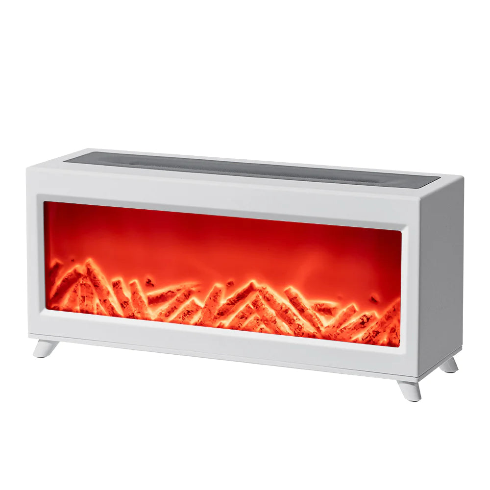 White electric fireplace with glowing red interior on a white background