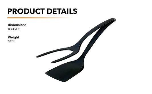 Black kitchen utensils with product details on a white background