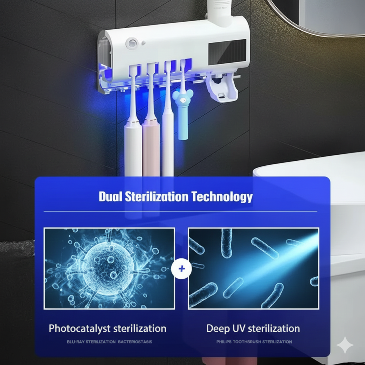 Wall-mounted toothbrush sterilizer with dual sterilization technology in a bathroom setting.