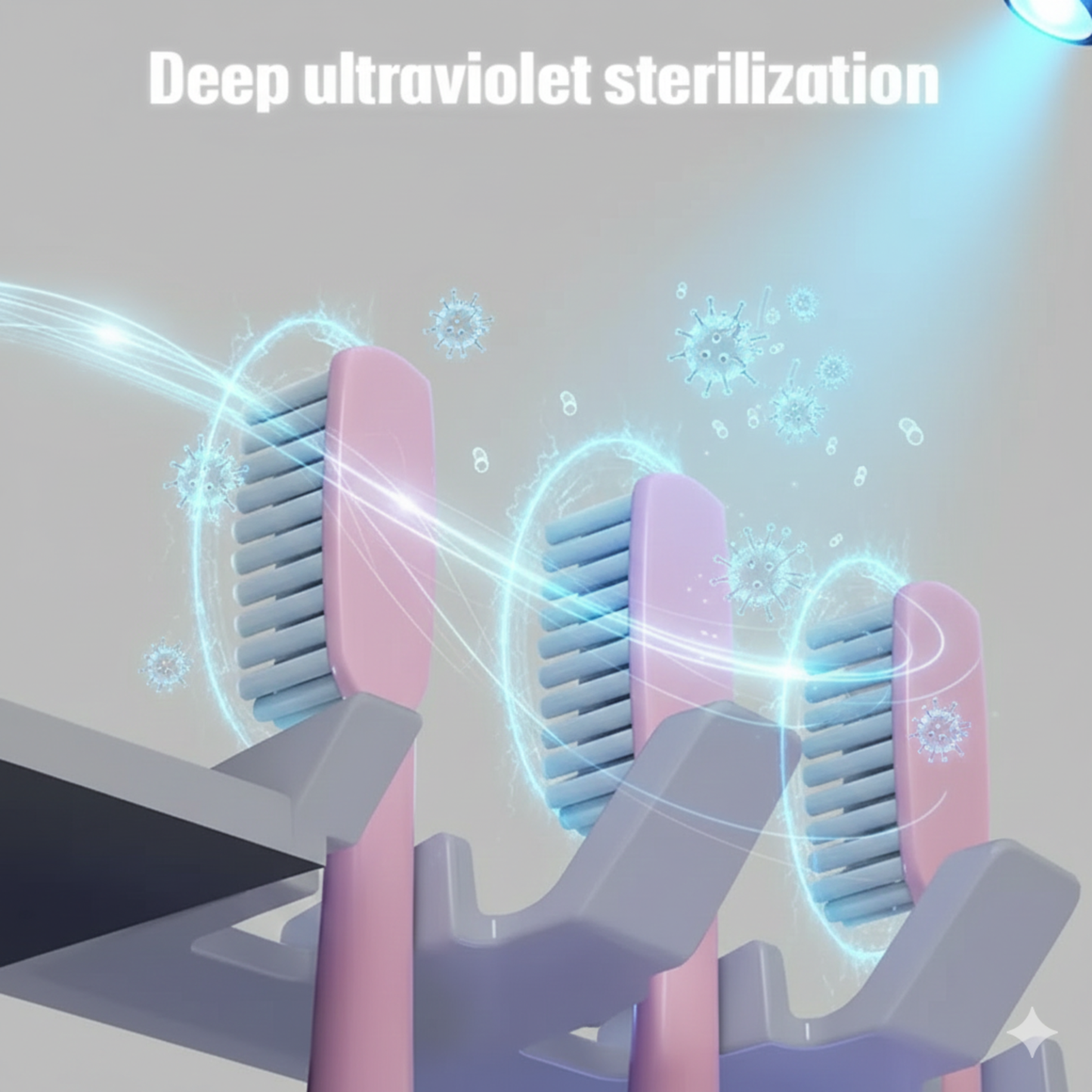 Electric toothbrushes with deep ultraviolet sterilization feature on a light gray background