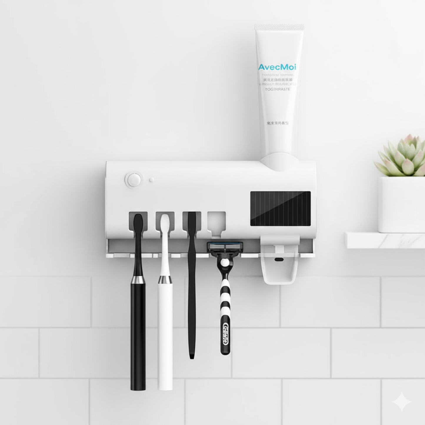 Wall-mounted toothbrush holder with toothbrushes, a razor, and a tube of toothpaste on a white tiled wall.