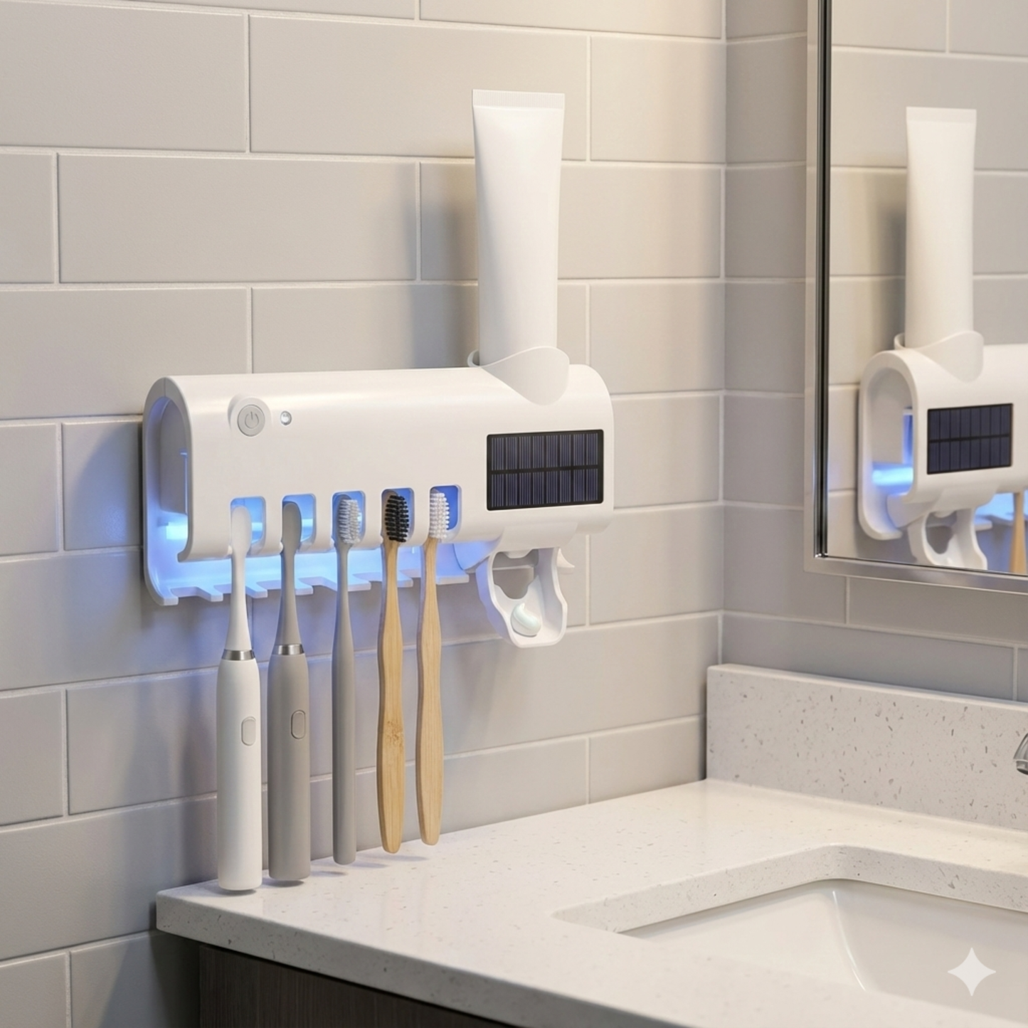 Wall-mounted toothbrush holder with multiple toothbrushes in a bathroom setting